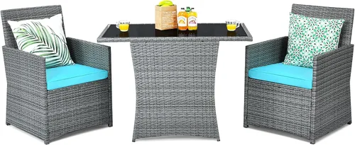 Miniatura 10 de Tangkula Patiojoy - Juego de comedor de 3 piezas de ratán PE que ahorra espacio, con mesa superior de vidrio templado y sillas acolchadas, juego