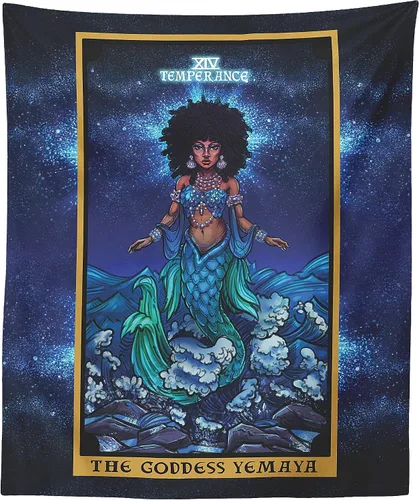 Tapiz de cartas del tarot de la diosa Yemaya Temperance, sirena africana Yoruba, diosa pagana, bruja pagana, decoración del hogar (80 x 68 pulgadas)
