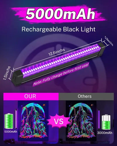 Miniatura 4 de Paquete de 2 barras de luz negras recargables, 5000 mAh de gran capacidad, luces negras alimentadas por batería para fiesta brillante, suministros