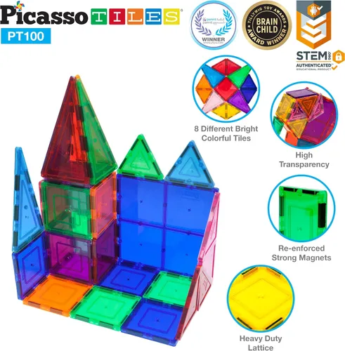Miniatura 8 de PicassoTiles Figuras magnéticas + 100 azulejos magnéticos + 2 camiones de automóvil, juego de expansión de imán de acción de personajes de 8 piezas