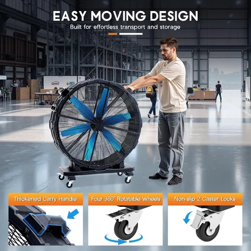 Miniatura 2 de Albott Ventilador de tambor industrial de 36 pulgadas, ventilador de piso de alta velocidad de plástico de 500 W con ruedas y velocidad variable