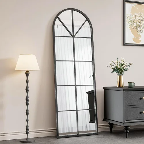 Miniatura 6 de OGCAU Espejo de Piso Arqueado de Cuerpo Entero, 65"x22" Diseño de Panel de Ventana, Decorativo para Colgar o Apoyar, Cuerpo Completo con Marco