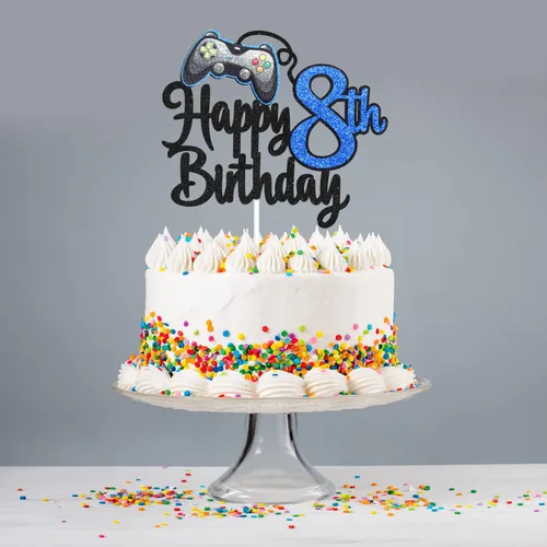 Miniatura 7 de Decoración de pastel de feliz cumpleaños 8 para videojuegos, fiesta de cumpleaños de 8 años, suministros de pastel azul, juego en nivel, decoración