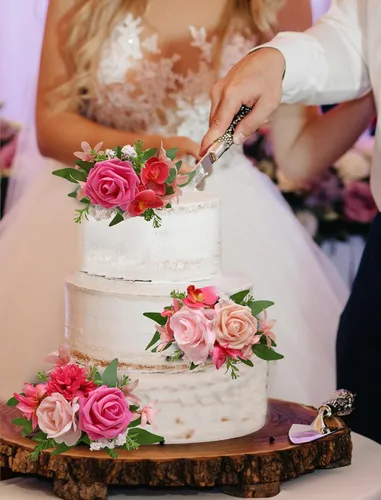 Miniatura 4 de Marriwise 3 piezas de flores prefabricadas, decoración de pastel de boda rosa baya, decoración de flores artificiales para boda, ceremonia