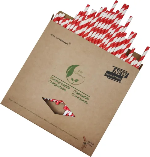 Pajitas de papel de rayas rojas y blancas brillantes, biodegradables de grado alimenticio a rayas rojas, pajitas de papel de peluquero para uso Rojo