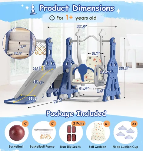Miniatura 7 de BIERUM Juego de Tobogán y Columpio 4 en 1 para Niños Pequeños, Tobogán para Bebés para Niños Pequeños de 1-2 Años, con Aro de Baloncesto, Juego