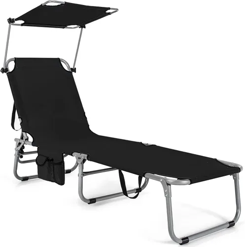 Miniatura 9 de Giantex Tumbona plegable para exteriores, silla de bronceado portátil con 5 posiciones ajustables, toldo de 360°, bolsillo de almacenamiento