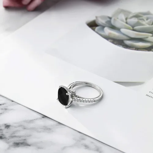 Miniatura 5 de Gem Stone King Anillo de compromiso de plata de ley 925 con ónix negro y zafiro blanco creado para mujer