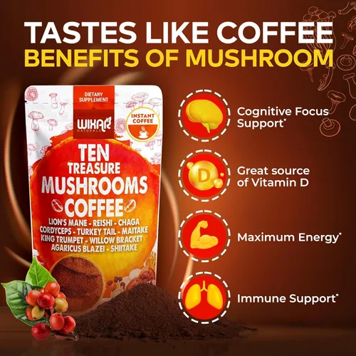 Miniatura 4 de Wixar - Mezcla de café de hongos, extracto de diez hongos del tesoro, café instantáneo en polvo con melena de león, cola de pavo, reishi, chaga