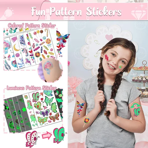 Miniatura 3 de TEUVO Kit de tatuaje con purpurina para niños con 50 colores, 177 plantillas, 25 calcomanías de patrones mixtos (colores/luminosos), 2 calcomanías