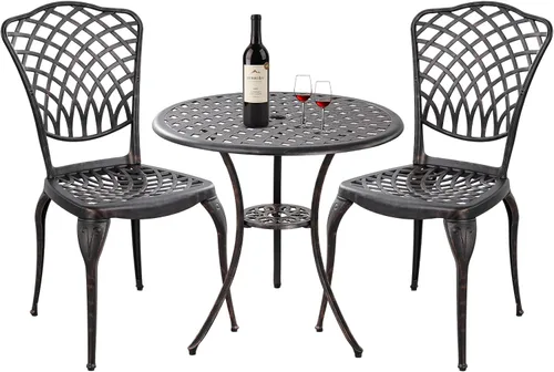 Miniatura 7 de Juego de Bistró de Patio de Bronce - Muebles de Exterior de Aluminio Fundido de 3 Piezas, Mesa Grande y Sillas, Resistente a la Intemperie, Corona
