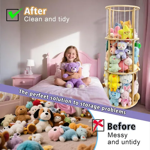 Miniatura 5 de Torre giratoria de almacenamiento de animales de peluche, organizador de juguetes de peluche de madera de 51 pulgadas de alto