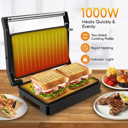 Miniatura 2 de Aigostar - Sandwichera Panini Press de 1000 W con placas revestidas antiadherentes, luz indicadora, tapa de bloqueo, mango de tacto fresco, parrilla