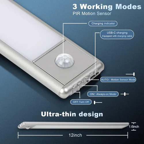 Miniatura 3 de VZZNN Paquete de 6 luces con sensor de movimiento para debajo del gabinete, 63 LED recargables para debajo del gabinete, luz inalámbrica, luz