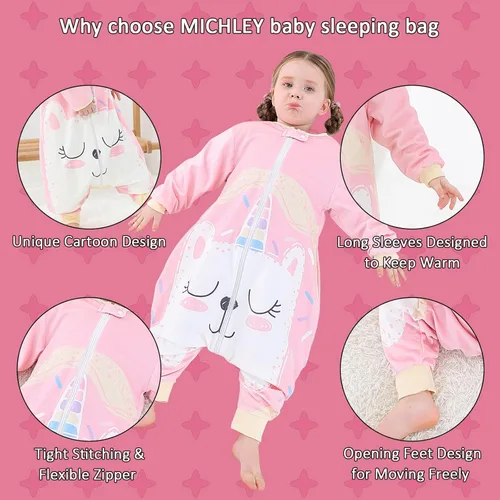 Miniatura 2 de MICHLEY Saco de dormir para bebé de manga larga con pies, manta envolvente usable de invierno para niños y niñas, Gato, 1-3 años Rosa
