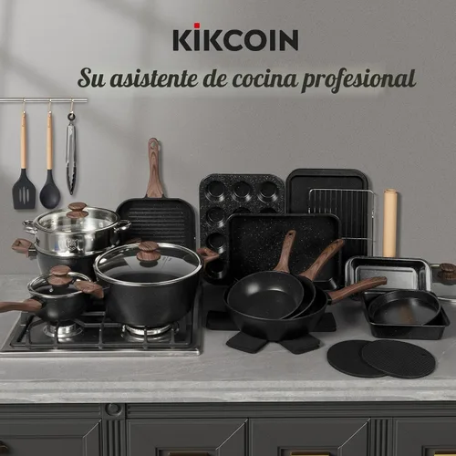 Miniatura 7 de Kikcoin Juego de ollas y sartenes antiadherentes de 31 piezas de cocina antiadherentes con sartén para parrilla, cacerola para hornear, color negro