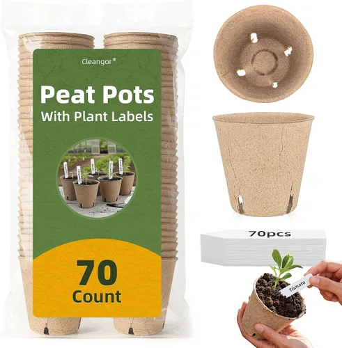 CLEANGOR 70 macetas de turba biodegradables de 3.15 pulgadas con 70 etiquetas para plantas, macetas biodegradables para principiantes de semillas