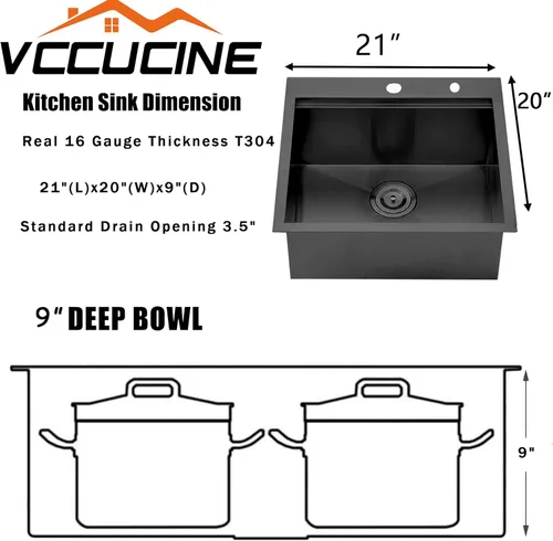 Miniatura 5 de VCCUCINE - Fregadero de cocina de 21 x 20 pulgadas, fregadero de cocina pequeño de acero inoxidable calibre 16, cuenco individual para exteriores