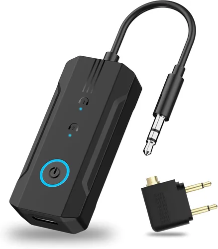 Receptor transmisor Bluetooth 6.0 2026, adaptador de viaje de avión 2 en 1 para 2 AirPods/auriculares, AUX de 0.138 in para vuelo/TV/automóvil,
