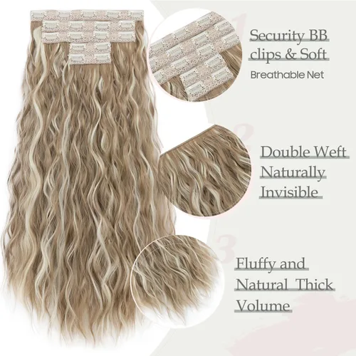 Miniatura 2 de S-noilite Extensiones de cabello sintético con clip de 24 pulgadas, 5 unidades, ondas sueltas, extensiones de cabello sintético grueso y natural
