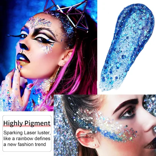 Miniatura 4 de Go Ho Brillantina azul para rostro y cuerpo, pintura facial azul de Halloween, gel brillante de sirena, lentejuelas gruesas holográficas para ojos