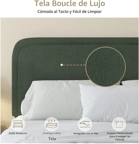 Miniatura 4 de Base de cama BarnFurin de tamaño individual, base de cama tapizada de tela con cabecero, estilo moderno, esquinas suaves y redondeadas, no hace Verde