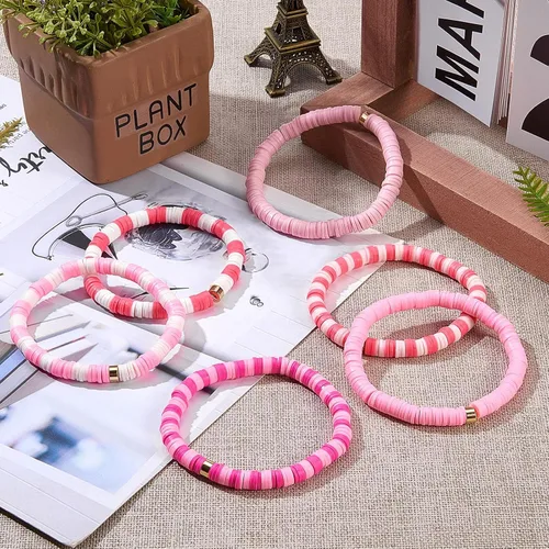 Miniatura 6 de 3600 cuentas de arcilla rosa para hacer pulseras de la amistad, 10 hebras planas redondas de arcilla polimérica cuentas Heishi espaciadoras de 0.236