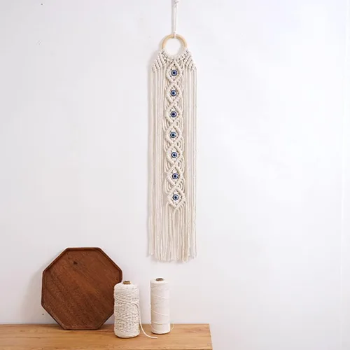 Miniatura 2 de ARTIBETTER Tapiz tejido a mano con ojos azules, tapiz de madera, ojo de diablo, borla colgante, decoración de habitación de bebé para el hogar