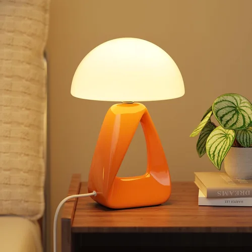 Lámpara de hongo, pequeña lámpara de mesa para dormitorio, lámpara de noche creativa geométrica con base de cerámica, lámpara de mesa auxiliar