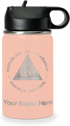 Miniatura 45 de LaserGram Botella de agua personalizada, bandera de Nicaragua, acero inoxidable de doble pared aislada al vacío con popote superior, regalo grabado