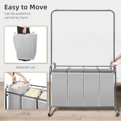 Miniatura 7 de STORAGE MANIAC Clasificador de ropa sucia con barra para colgar, portátil, extraíble con ruedas enrollables resistentes y bolsas extraíbles