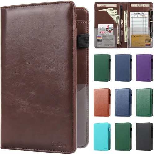 Miniatura 38 de Libreta de mesera para camarera, organizador de cuero con bolsillo con cremallera, folleto para personal de restaurante, soporte para cheques de Café
