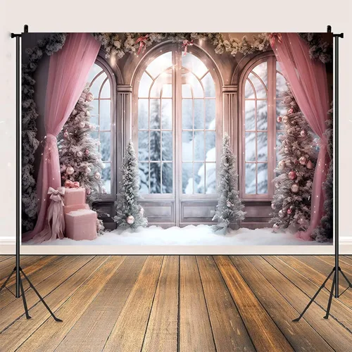 Miniatura 6 de Cortina rosa de invierno, fondo fotográfico de Navidad, invierno, nieve, bosque, ventana, fondo de fotografía, decoración de fiesta familiar, baby