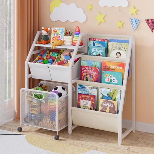 Estantería para niños y organizador de almacenamiento de juguetes, estante de 3 niveles para habitaciones de niños con cajón móvil, estantería para