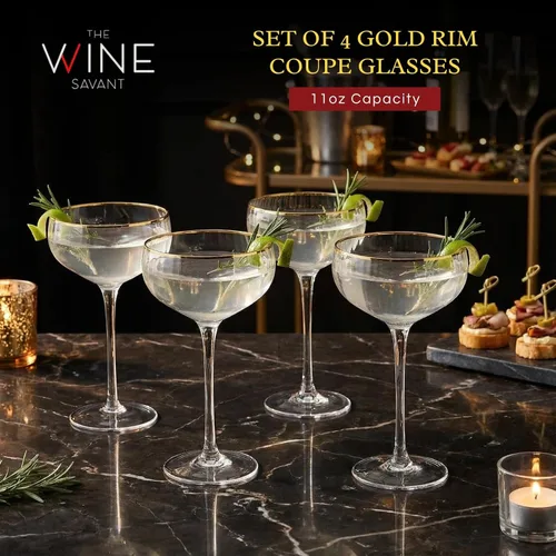 Miniatura 2 de Gold Rim Coupé - Juego de 4 vasos clásicos de Manhattan de 11 onzas, Martini, cócteles, champán, vino y agua, coupés con borde dorado, tallo
