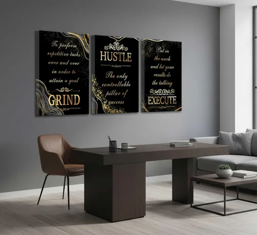 Miniatura 6 de 3 piezas de lienzo inspirador de oro negro para oficina, arte de pared, motivacional, moler ajetreo, ejecución, fotos inspiradoras, decoración