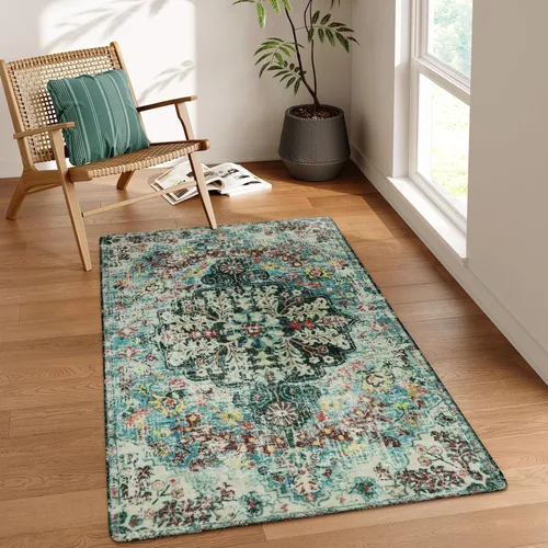 Miniatura 49 de Lahome Alfombra bohemia con medallón floral, 4 x 6 pies, color verde azulado, suave, lavable, antideslizante, apta para mascotas, alfombra