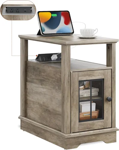 Miniatura 8 de WLIVE Mesa auxiliar de estilo granja con estación de carga, mesa lateral estrecha con almacenamiento, mesita de noche pequeña con puertos USB