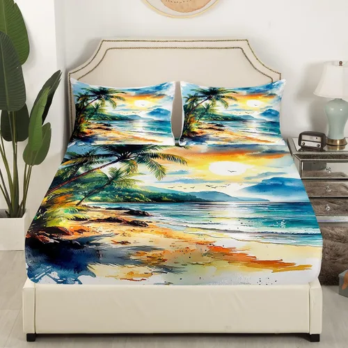 Miniatura 3 de Juego de sábanas de 3 piezas con diseño de playa oceánica, diseño de árbol de coco tropical, para decoración de habitación de niños, niñas, niños