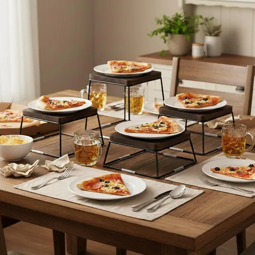 Miniatura 2 de MyGift Juego de exhibición de mesa de postre, 4 elevadores de alimentos, elevadores de bufé de madera marrón, soporte para pizza con base de alambre
