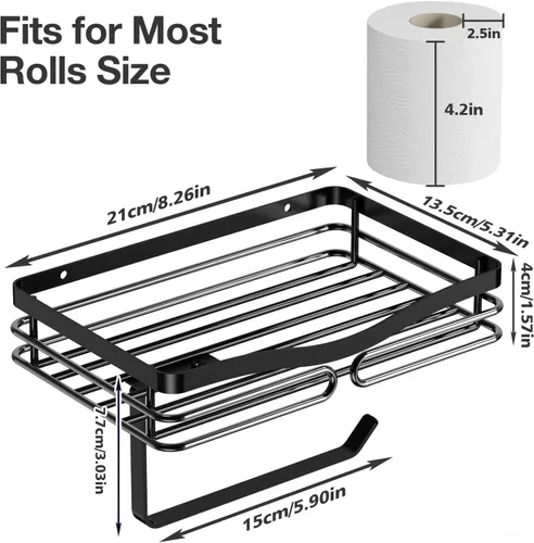 Miniatura 7 de Soporte de papel higiénico con estante de almacenamiento, metal negro, montaje sin taladros, se adapta a toallitas húmedas de tamaño Costco