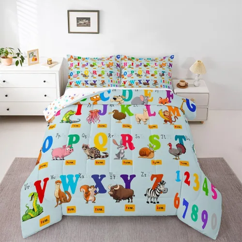 Miniatura 4 de jejeloiu Juego de edredón educativo para niños, tamaño King, juego de ropa de cama con números del alfabeto ABC para niños y niñas pequeños