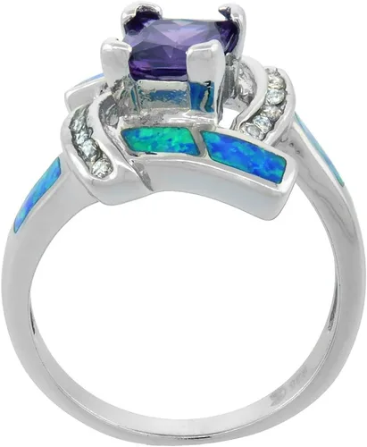 Miniatura 2 de Anillo de plata de ley sintética con ópalo azul para mujer blanco y amatista CZ de 58 pulgadas
