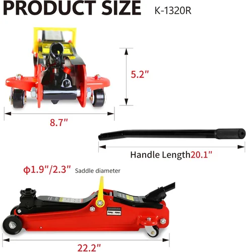 Miniatura 5 de Gato hidráulico de perfil bajo con bolsa de almacenamiento, de acero, bomba de elevación rápida de un solo pistón, rojo, rango de elevación de 3.3 a