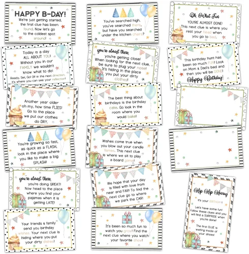 Tarjetas de pistas de búsqueda del tesoro de cumpleaños, juego de búsqueda del tesoro de pasteles, juego de 17 tarjetas y 16 sobres, juego de