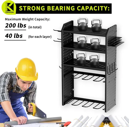 Miniatura 5 de KAFAHOM Organizador de herramientas eléctricas, soporte de pared grande para 8 taladros con 2 tableros de clavijas laterales, estante
