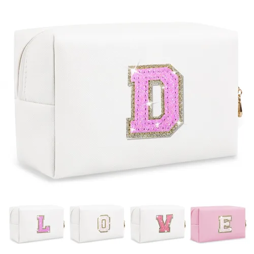 Miniatura 371 de Pequeña bolsa de maquillaje personalizada con inicial A-Z Preppy Patch, bolsa de cosméticos de viaje de felpilla blanca con cremallera, bonita bolsa