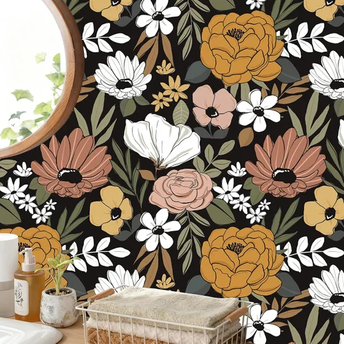 Miniatura 2 de HAOKHOME Papel pintado vintage grande floral de despegar y pegar, extraíble, hojas de margarita, negro/arena/oliva, vinilo autoadhesivo, mural, 17.7