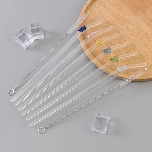Miniatura 7 de 6 popotes de vidrio Boba reutilizables, 8.3 pulgadas x 0.394 in de ancho con dijes de flores, pajitas de té de burbujas reutilizables, aptas