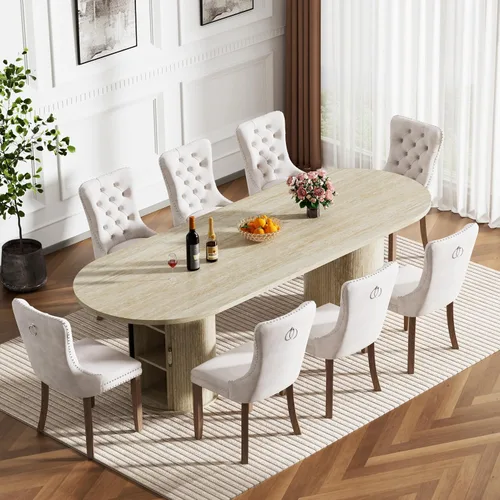 Miniatura 17 de Mesa de comedor redonda extensible con base de almacenamiento, mesa de comedor expandible natural de 63 a 94 pulgadas para 10 personas, mesa